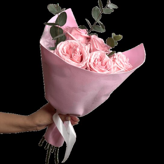 Монобукет №207 из 5 розовых пионовидных роз Эквадор с эвкалиптом