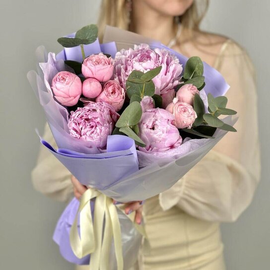 Авторский букет №291 Пионы и Silva Pink пионовидная роза Фото 2