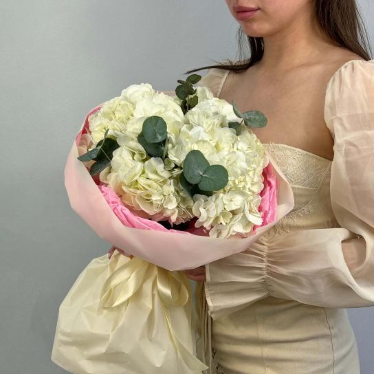 Монобукет №112, Гортензии белые 3шт в букете с эвкалиптом