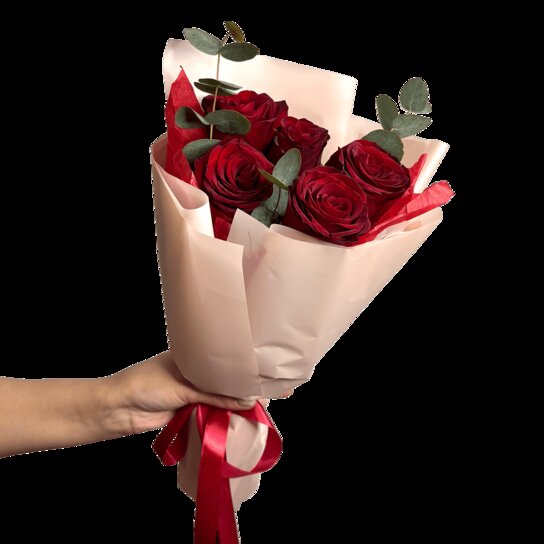 Монобукет №208 из 5 красных роз Эквадор с эвкалиптом