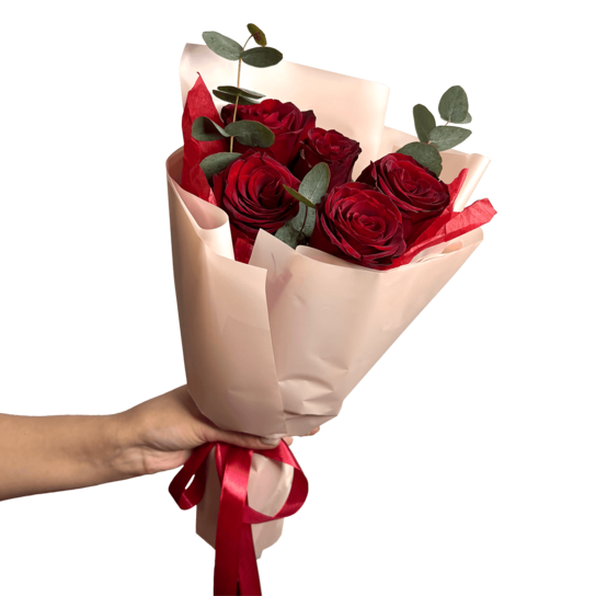 Монобукет №208 из 5 красных роз Эквадор с эвкалиптом
