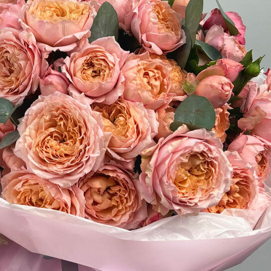 Монобукет №127, пионовидные розы Джульетта и эвкалипт