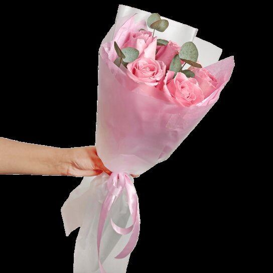 Монобукет №209 из 5 розовых роз Эквадор с эвкалиптом