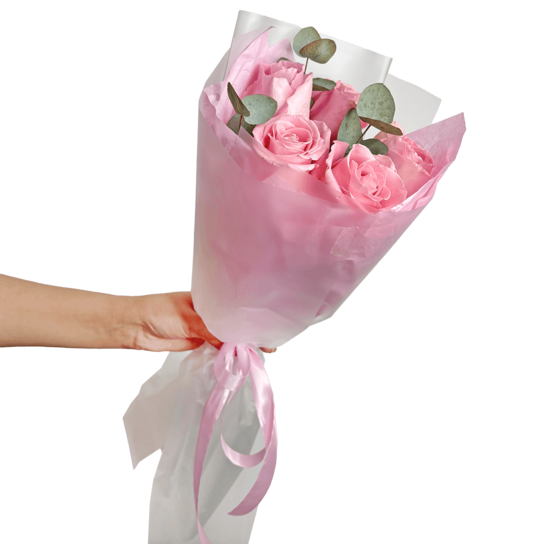 Монобукет №209 из 5 розовых роз Эквадор с эвкалиптом