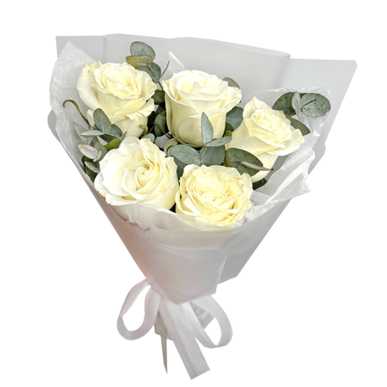 Монобукет №206 из 5 белых роз Эквадор с эвкалиптом Фото 2