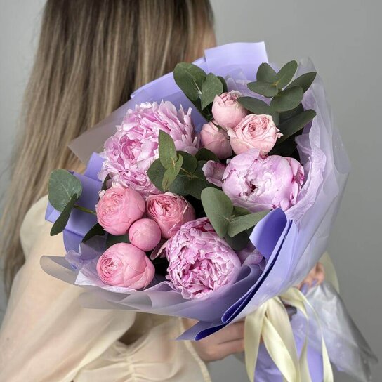 Авторский букет №291 Пионы и Silva Pink пионовидная роза Фото 3