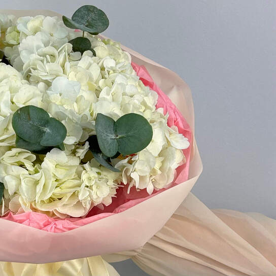 Монобукет №112, Гортензии белые 3шт в букете с эвкалиптом