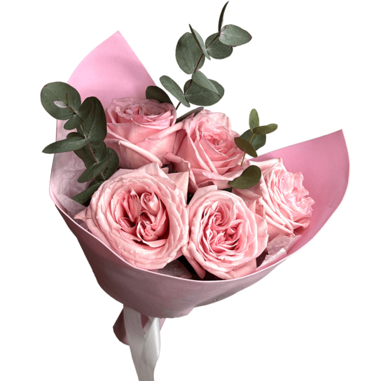 Монобукет №207 из 5 розовых пионовидных роз Эквадор с эвкалиптом Фото 2
