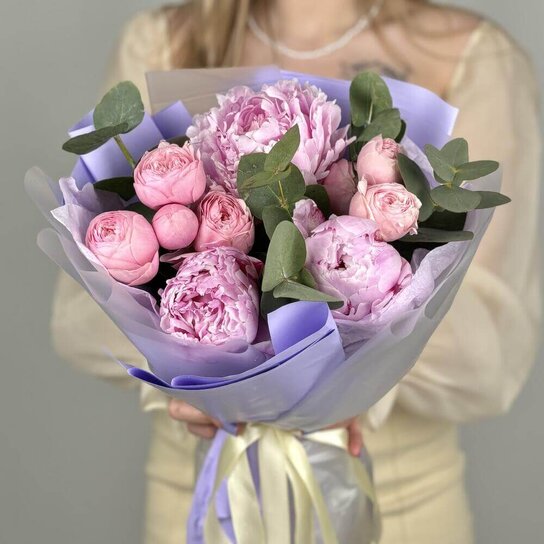 Авторский букет №291 Пионы и Silva Pink пионовидная роза Фото 4