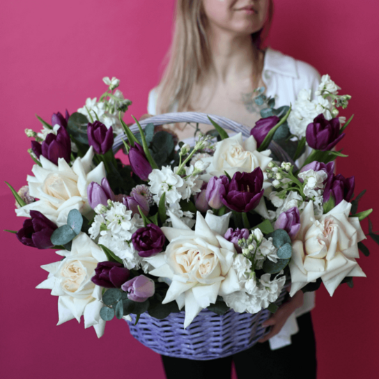 Композиция №165 из роз, тюльпанов, сантини и маттиолы Фото 3