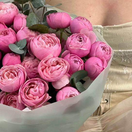 Монобукет №123, пионовидные розы Silva pink и эвкалипт