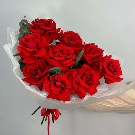 Монобукет №124, 9 красных французских роз с эвкалиптом