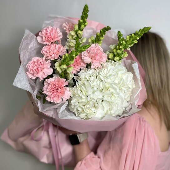 Авторский букет №302 Розовые диантусы и Антирринум Фото 4
