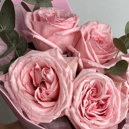Монобукет №207 из 5 розовых пионовидных роз Эквадор с эвкалиптом Фото 3