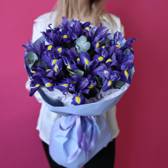 Монобукет №186 из 15 ирисов с эвкалиптом Фото 2