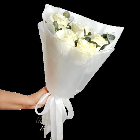 Монобукет №206 из 5 белых роз Эквадор с эвкалиптом