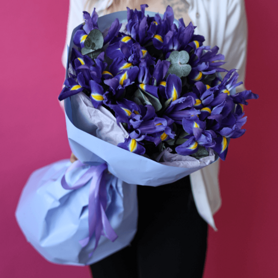 Монобукет №186 из 15 ирисов с эвкалиптом Фото 3