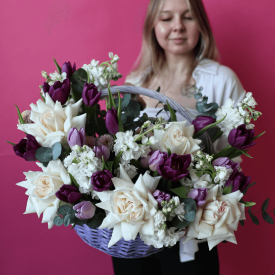 Композиция №165 из роз, тюльпанов, сантини и маттиолы Фото 5