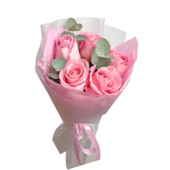 Монобукет №209 из 5 розовых роз Эквадор с эвкалиптом Фото 2