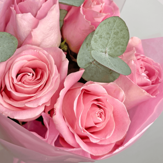 Монобукет №209 из 5 розовых роз Эквадор с эвкалиптом Фото 3