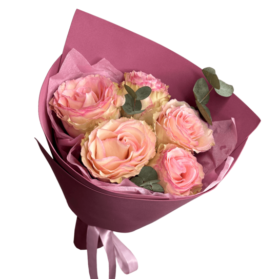 Монобукет №210 из 5 роз Эквадор Эсперанса с эвкалиптом Фото 2