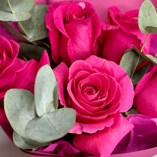 Монобукет №211 из 5 малиновых роз Эквадор с эвкалиптом Фото 3