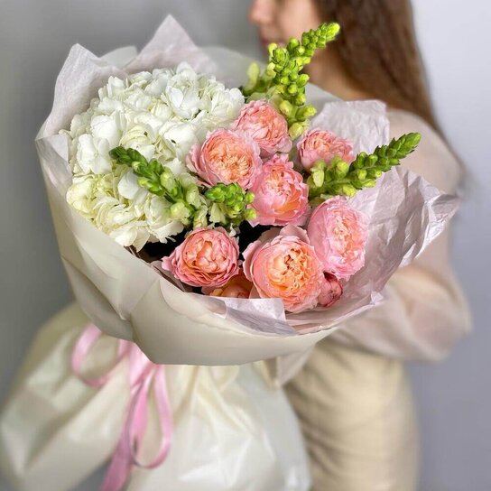 Авторский букет №262 Пионовидные розы Джульетта и Антирринум Фото 2