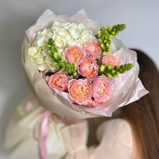 Авторский букет №262 Пионовидные розы Джульетта и Антирринум Фото 4