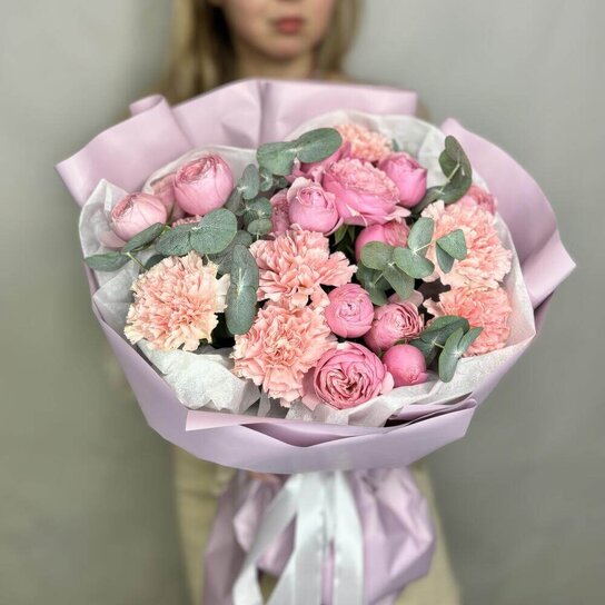 Авторский букет №272 из стойких диантусов и пионовидной розы Фото 2