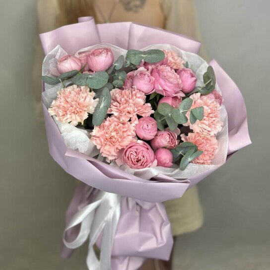 Авторский букет №272 из стойких диантусов и пионовидной розы Фото 3