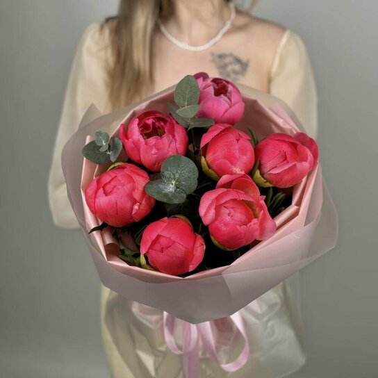 Монобукет №267 Пионы Coral Charm 7шт с эвкалиптом Фото 4